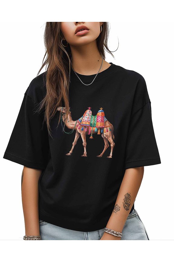 Camels Watercolor Cute T Shirts for Women Short Sleeve Cotton Crewneck T-Shirt Animal in Desert Tee Tops Casual Basic T-Shirts, XS-5XL Black 3XL