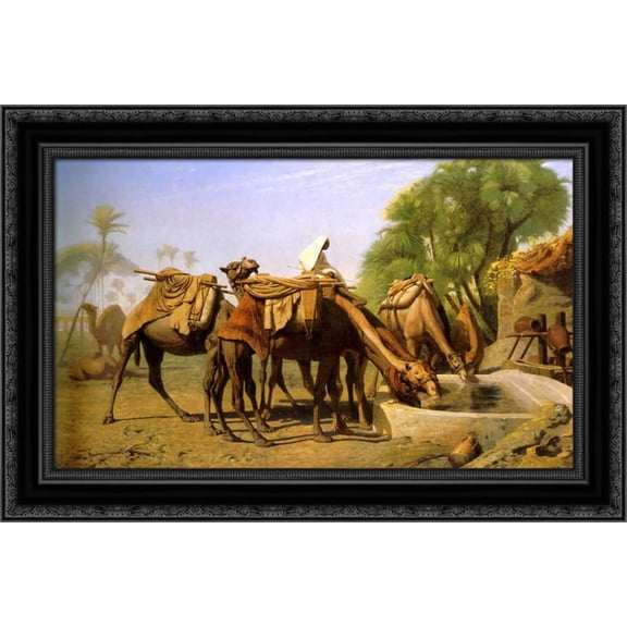 Camels at the Trough 24x18 Black Ornate Wood Framed Canvas Art by Gerome, Jean Leon