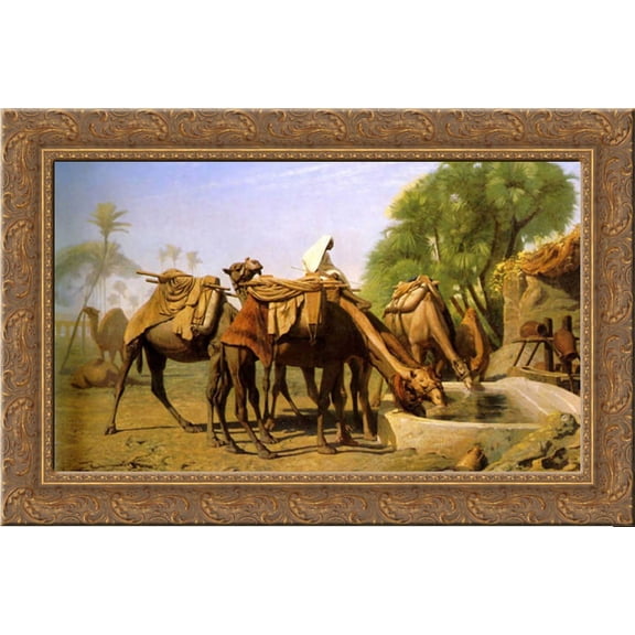 Camels at the Trough 24x18 Gold Ornate Wood Framed Canvas Art by Gerome, Jean Leon