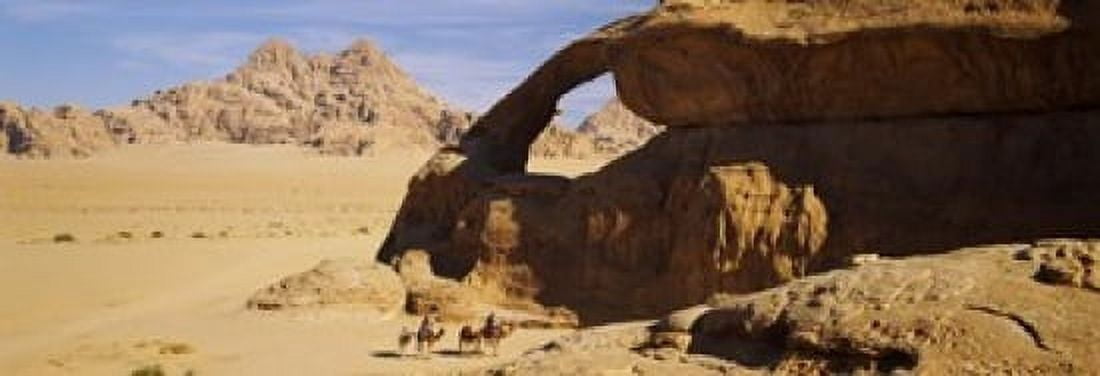 Camels at the eye of the eagle arch Wadi Rum Jordan Canvas Art - Panoramic Images (18 x 7)