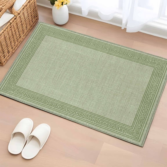Cameo Green Retro Greek Key Bathroom Rug Washable 2x3 Entryway Rug Non Slip Geometric Greece Ancient Rustic Front Door Mat Low Pile Indoor Doormat Throw Floor Carpet for Kitchen Bedroom Entrance