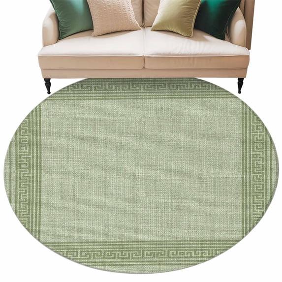 Cameo Green Retro Greek Key Large Area Rugs for Bedroom Living Room, Soft Non Slip Carpet Bedside Rug, Geometric Greece Ancient Rustic Round Floor Cover Kitchen Accent Rug 6' for Dining Room/Office