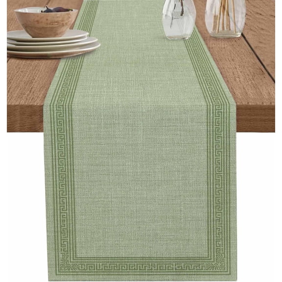 Cameo Green Retro Greek Key Short Table Runners 36 Inches, Cotton Linen Fabric Table Runner Geometric Greece Ancient Meander Fret Tablerunner for Party/Kitchen/Dinner 13x36