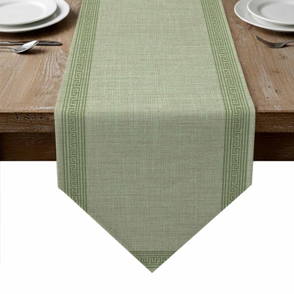 Cameo Green Retro Greek Key Table Runner Linen Burlap Table Runner 72 Inches Long Geometric Greece Ancient Rustic Dresser Scarves for Kitchen Island Coffee Party Holiday Decoration 13"x72"