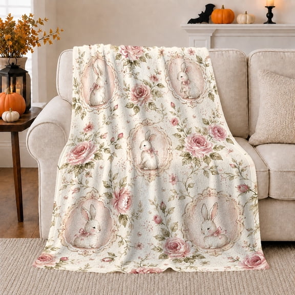 Cameo Rabbits with Pink Roses and Vines, Shabby Chic Watercolor Style for Bunny Lovers, Off White Botanical Scene and Easter Gift, Cozy Flannel Blanket for Bedroom and Living Room, Home Decor