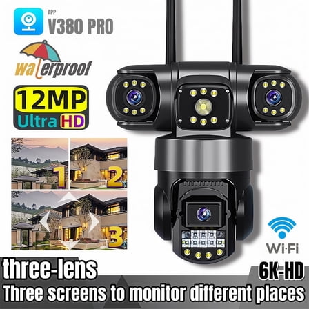 Camera 12MP 6K Triple Lens Triple Display Security Video Monitor Night Vision Waterproof WiFi Outdoor IP Camera V380 Pro CCTV