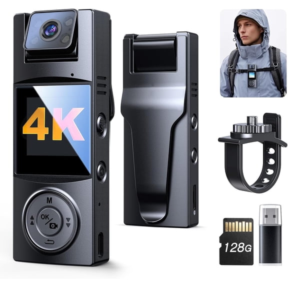 Camera with 180?Rotatable Lens, 4K/48MP Small Camera, Night Vision Function, Easy to Use and Take for Lecture, Traveling, Pet Walking and Outdoors Activities (4K-128GB)