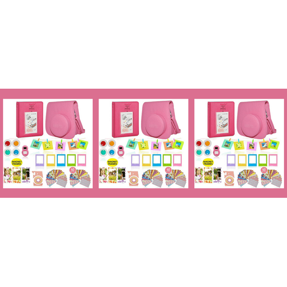 (3 pack) NeeGo Camera Accessory for Fujifilm Instax Mini Includes Camera Bag Photo Album Photo Sticker Paper Frame Mini-frame Filter Pink 9 Set