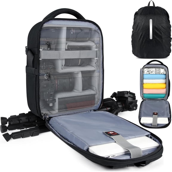 Camera Backpack for DSLR SLR Mirrorless Cameras - Professional 15.6 Inch Laptop Compartment Photography Bag with Tripod Holder & Rain Cover for Travel & Hiking, Black