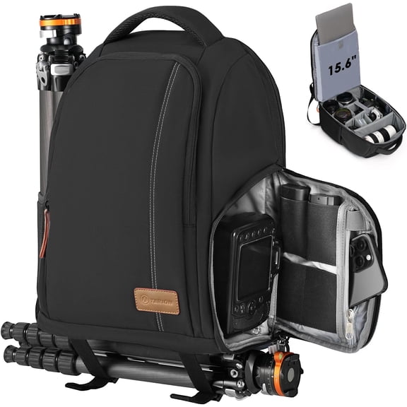 Camera Backpack for Photographers - Compact Camera Bag with 15 Inch Laptop Compartment - Side Access Quick Draw - Anti-theft Hidden Pocket Tripod Holder Rain Cover - TB04 Black
