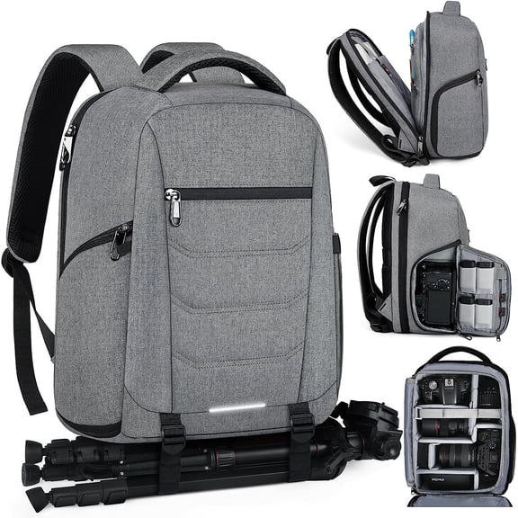 Camera Bag Backpack Professional for DSLR SLR Mirrorless Camera Waterproof Laptop Back Pack 14 Inch with Rain Cover Anti Theft Travel Case Large Capacity Photography Backpack Grey