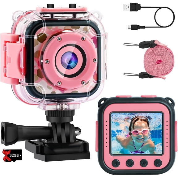 Camera - Birthday for 3-12 Year Old Girls 1080P  Underwater Video Camera for  Pool   Digital Cameras with 32GB SD Card