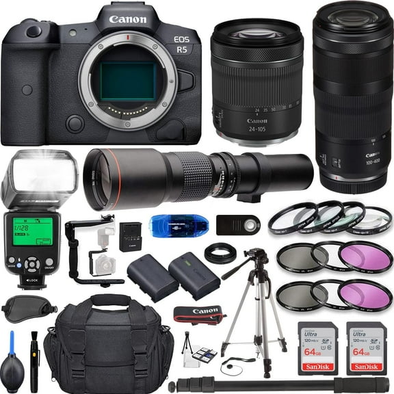 Camera Bundle for Canon EOS R5 Mirrorless Camera with RF 24-105mm f/4-7.1 IS STM, RF 100-400mm f/5.6-8 IS USM, 500mm f/8 Manual Preset Telephoto Lens + TTL Flash, 128Gb Memory + Accessories Kit