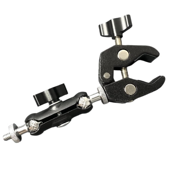 Camera Clamp Mount for Action Cameras and Monitors with 1/4 Screw Articulating Joint, Metal Body, and Hand-Tightened Positioning Knobs