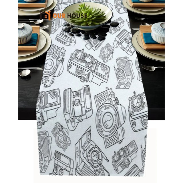 Camera Clock Illustration Line Festival Table Runner Wedding Party