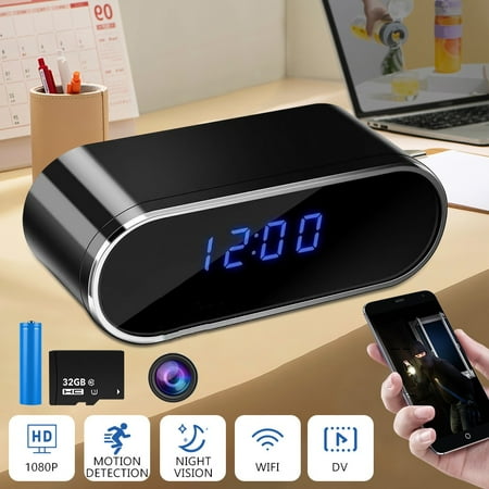 Camera Clock WiFi, HD 1080P Smart Clock Camera with Night Vision, Motion Detection, App Remote Online Streaming for Home, Office, Store Security with 32G SD Card