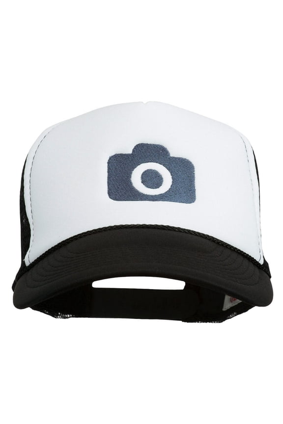 Camera Design Photographer Embroidered Foam Mesh Back Cap - Black White OSFM