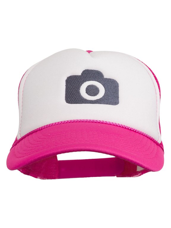 Camera Design Photographer Embroidered Foam Mesh Back Cap - Hot Pink White OSFM