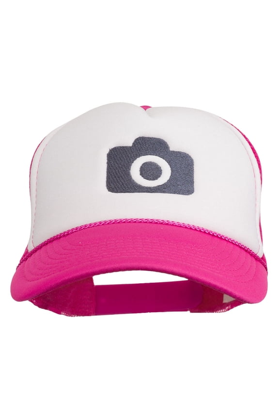 Camera Design Photographer Embroidered Foam Mesh Back Cap - Hot Pink White OSFM