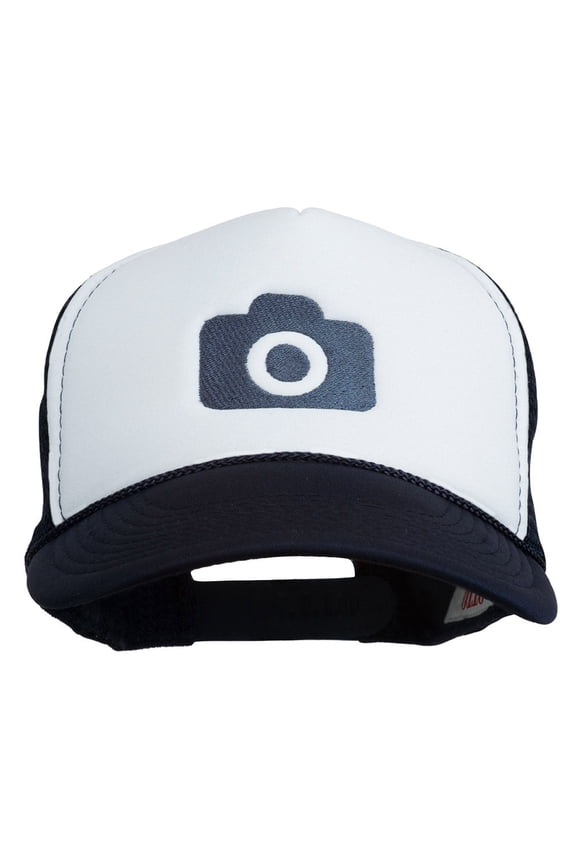 Camera Design Photographer Embroidered Foam Mesh Back Cap - Navy White OSFM