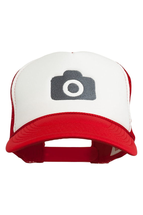 Camera Design Photographer Embroidered Foam Mesh Back Cap - Red White Red OSFM