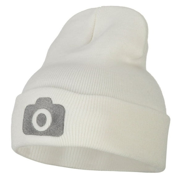 Camera Design Photographer Embroidered Knitted Long Beanie - White OSFM