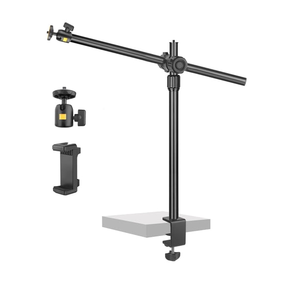 Camera Desk Mount Webcam Stand With Overhead Articulating Magic Boom Arm 1/4" Ball Head For Dslr Tripod Adjustable Light Tabletop C Clamp Ring Photo Video Shooting Live Streaming