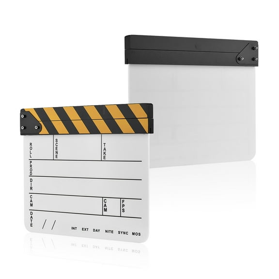 Camera Dry Erase Acrylic Director Film Clapboard Movie TV Cut Action Scene Clapper Board Slate With Yellow/Black Stick, White