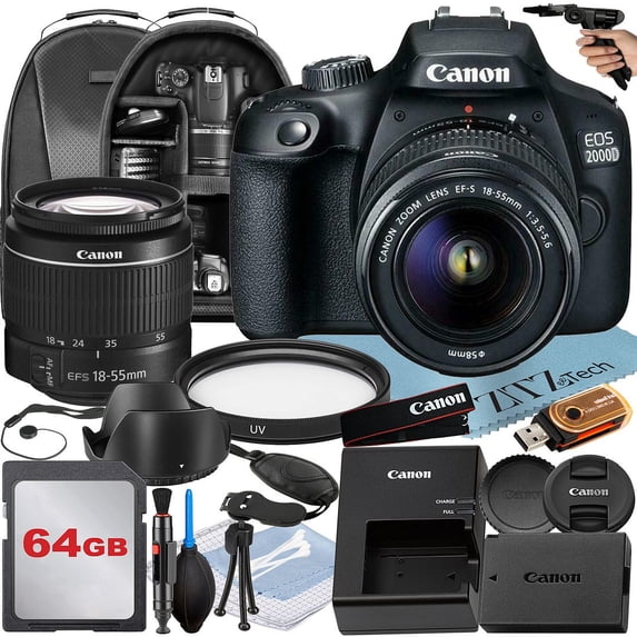 Camera EOS 2000D (Rebel T7) DSLR Bundle: Includes 18-55mm Zoom Lens + 64GB Memory Card + Backpack + UV Filter and More (International Model)
