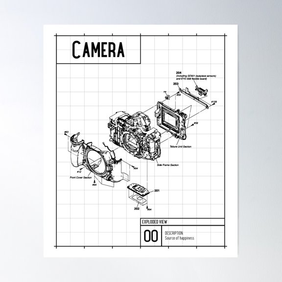 Camera Exploded View Poster Wall Art, Modern Wall Decor For Living Room Bedroom, 12x18 UNFRAMED