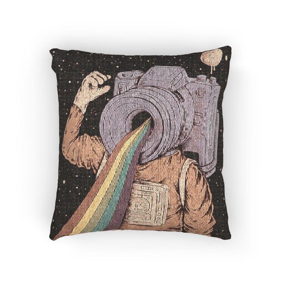 Camera-Head Astronaut and Rainbow Beam Dark Brown Orange Decorative Woven Pillow, Retro Space Theme, 17 x 18 in