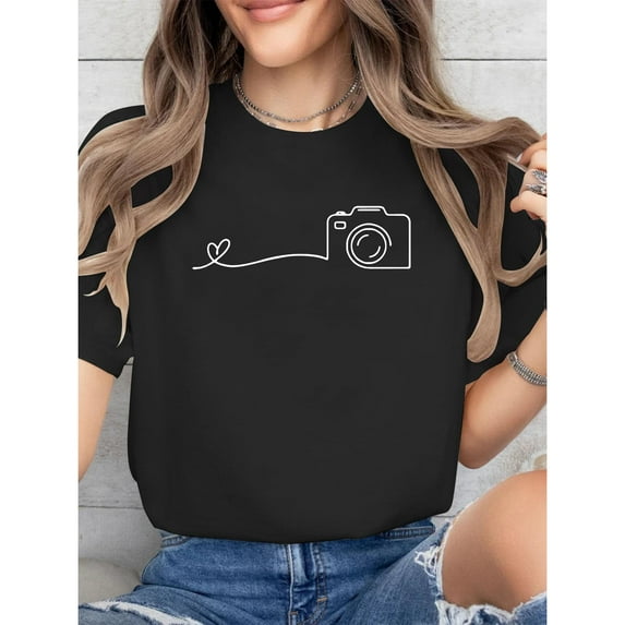 Camera Heart T-Shirt Photography Lover Graphic Tee Cotton Short Sleeve Crew Neck Casual Top Black S-5XL