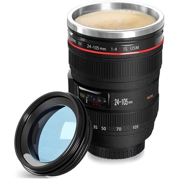 Camera Lens Mug Coffee Cups Stainless Steel Insert - 350Ml-Black