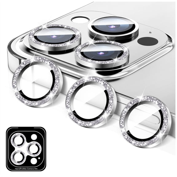 Camera Lens Protector Compatible for iPhone 11 Pro/11 Pro Max, LucBuy Glitter 9H Tempered Glass Camera Cover Film Stickers, Automatic-Alignment Individual Metal Rings Shiny Phone Accessories - Silver