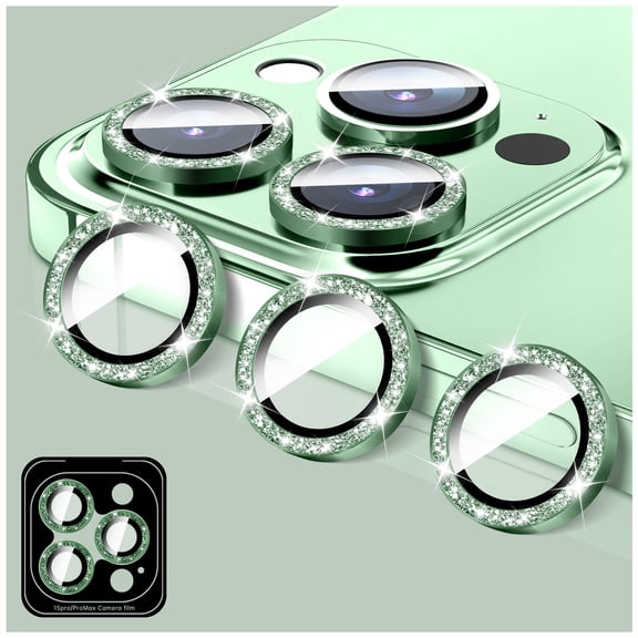 Camera Lens Protector Compatible for iPhone 13 Pro/13 Pro Max, LucBuy Glitter 9H Tempered Glass Camera Cover Film Stickers, Automatic-Alignment Individual Metal Rings Shiny Phone Accessories - Green