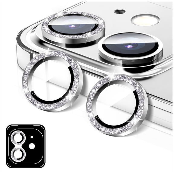 Camera Lens Protector Compatible for iPhone 14/14 Plus, LucBuy Glitter 9H Tempered Glass Camera Cover Film Stickers, Automatic-Alignment Individual Metal Rings Shiny Phone Accessories - Silver