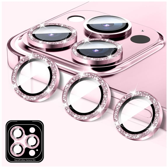 Camera Lens Protector Compatible for iPhone 14 Pro/14 Pro Max, LucBuy Glitter 9H Tempered Glass Camera Cover Film Stickers, Automatic-Alignment Individual Metal Rings Shiny Phone Accessories - Pink