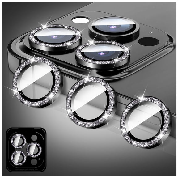 Camera Lens Protector Compatible for iPhone 14 Pro/14 Pro Max, LucBuy Glitter 9H Tempered Glass Camera Cover Film Stickers, Automatic-Alignment Individual Metal Rings Shiny Phone Accessories - Black