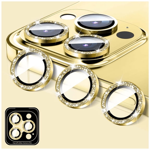 Camera Lens Protector Compatible for iPhone 16 Pro/16 Pro Max, LucBuy Glitter 9H Tempered Glass Camera Cover Film Stickers, Automatic-Alignment Individual Metal Rings Shiny Phone Accessories - Gold