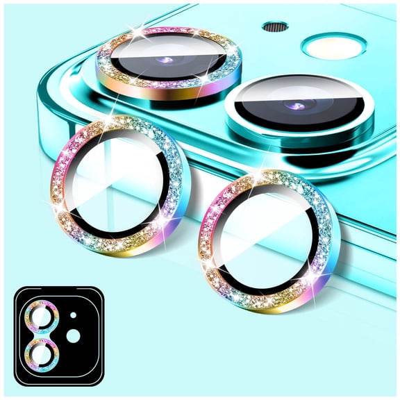 Camera Lens Protector Compatible for iPhone 16e, LucBuy Glitter 9H Tempered Glass Camera Cover Film Stickers, Automatic-Alignment Individual Metal Rings Shiny Phone Accessories - Rainbow