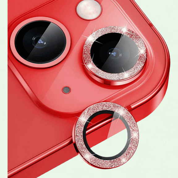 Camera Lens Protector for iPhone 14 / iPhone 14 Plus, 9H Hardness Metal Ring Glitter Camera Screen Cover, Strong Adsorption, Case Friendly (Red Glitter)