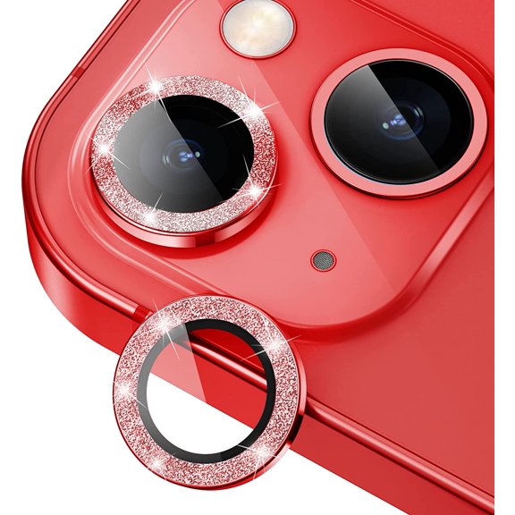 Camera Lens Protector for iPhone 14 / iPhone 14 Plus, Bling Glitter 9H Hardness Drop-proof Camera Screen Cover Metal Individual Ring, Strong Adsorption, Case Friendly (Red Glitter)