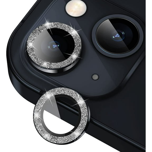 Camera Lens Protector for iPhone 14 / iPhone 14 Plus, Bling Glitter 9H Hardness Drop-proofCamera Screen Cover Metal Individual Ring, Strong Adsorption, Case Friendly (Black Glitter)