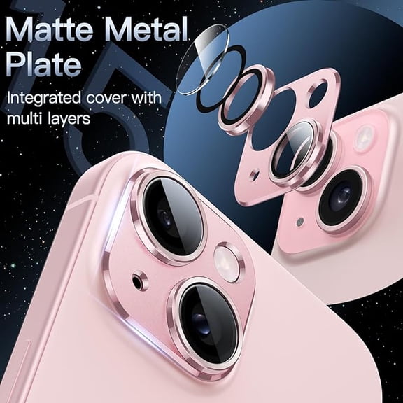 Camera Lens Protector For iPhone 15 6.1-inch And iPhone 15 Plus 6.7-inch, Fully Covered With 9H Tempered Glass Ring Cover, Matte Metal Plate, Suitable For Protective Cover, 1-piece Set (pink)