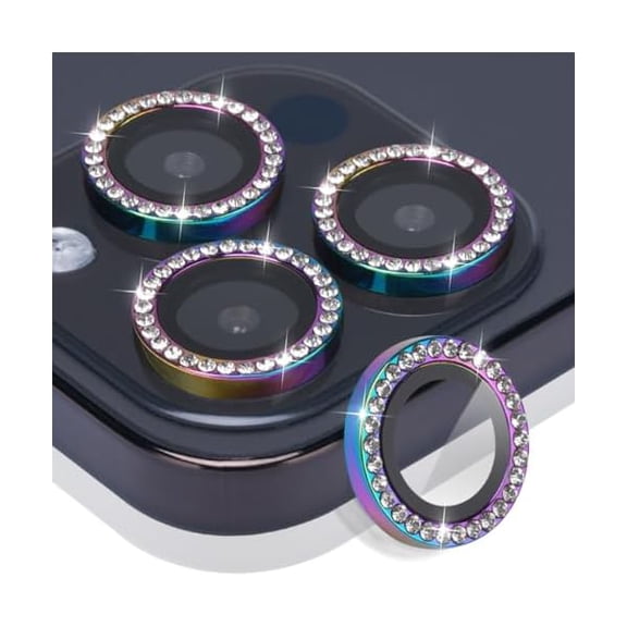 Camera Lens Protector for iPhone 15 Pro & iPhone 15 Pro Max, Tempered Glass Lens Protector Aluminum Alloy Ring Camera Cover Fits for iPhone 15 Pro/iPhone 15 Pro Max (Diamond Colorful)