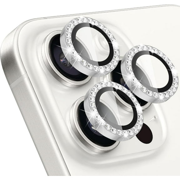 Camera Lens Protector for iPhone 16 Pro/iPhone 16 Pro Max , Bling Glitter Camera Cover, 9H Tempered Glass Individual Metal Ring Camera Protector (Diamond - Silver )