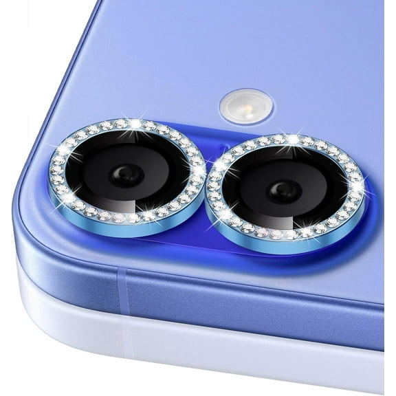 Camera Lens Protector for iPhone 16/iPhone 16 Plus, Bling Glitter Camera Cover, 9H Tempered Glass Individual Metal Ring Camera Protector for iPhone 16/iPhone 16 Plus (Diamond - Blue )