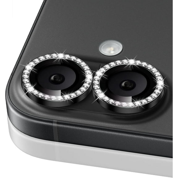 Camera Lens Protector for iPhone 16/iPhone 16 Plus, Bling Glitter Camera Cover, 9H Tempered Glass Individual Metal Ring Camera Protector for iPhone 16/iPhone 16 Plus (Diamond - Black)