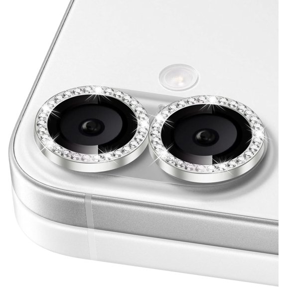 Camera Lens Protector for iPhone 16/iPhone 16 Plus, Bling Glitter Camera Cover, 9H Tempered Glass Individual Metal Ring Camera Protector for iPhone 16/iPhone 16 Plus (Diamond - Silver)