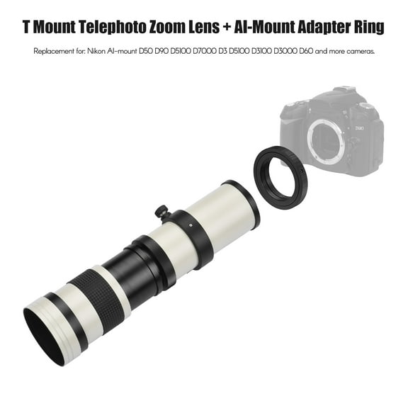 Camera MF Super Telephoto Zoom Lens F/8.3-16 420-800mm T2 Mount with AI-mount Adapter Ring Universal 1/4 Thread Replacement for AI-mount D50 D90 D5100 D7000 D3 D5100 D3100 D3000 D60 Cameras